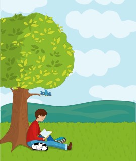 person reading under tree with dog sleeping at side